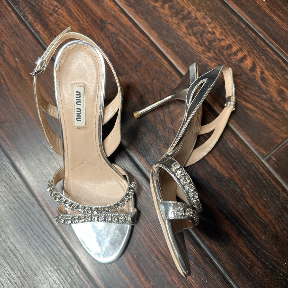 Miu Miu silver rhinestone high heel sandal wedding prom cocktail sling back